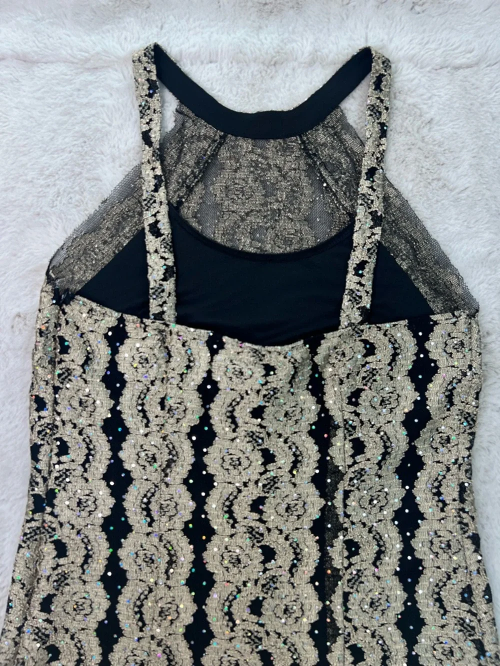 Joseph Ribkoff Black Gold Sparkle Lace Halter Bodycon Dress Size 12 Mini Vintage - Picture 13 of 16